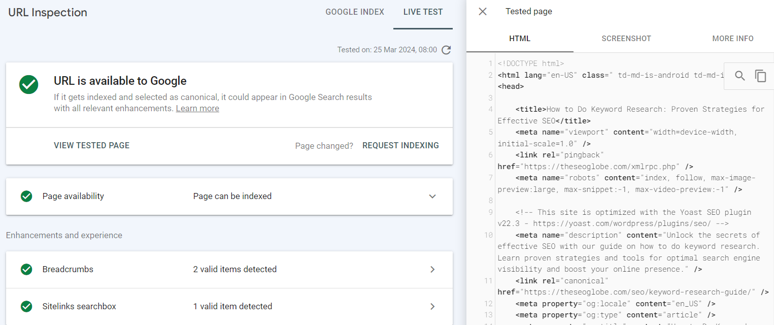 Google search console View Tested Page example